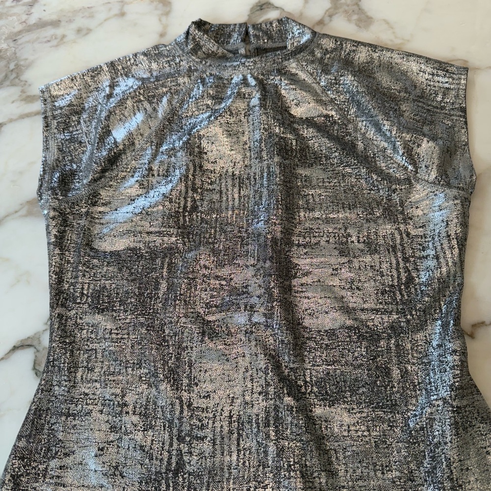 NWT Pilcro Silver Lame Mock Neck cap sleeve Top small